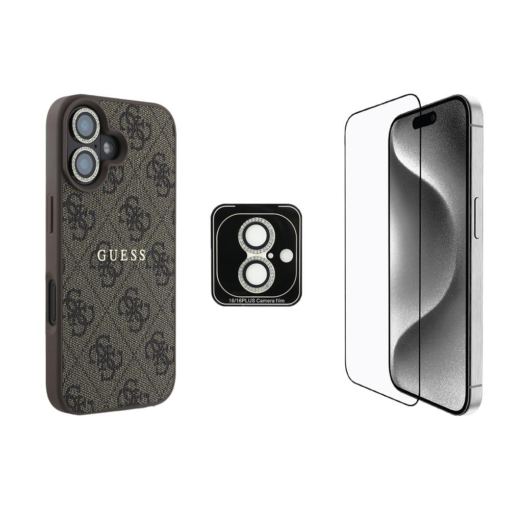 Apple iPhone 16 Guess Orjinal Lisanslı Kılıf + Ekran Koruyucu + Lens Koruyucu 3in1 Aksesuar Seti