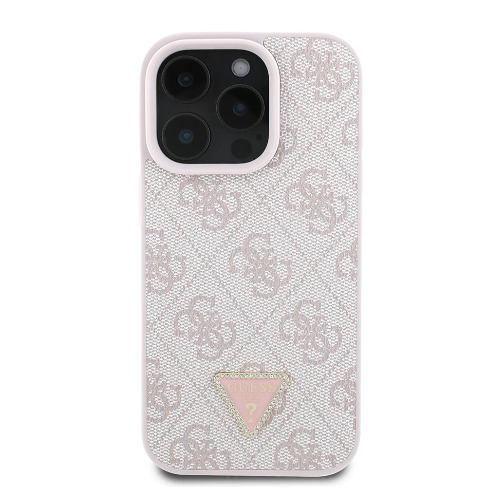 Apple iPhone 16 Pro Kılıf Guess Orjinal Lisanslı PU Deri Taşlı Üçgen Logo 4G Desenli Strass Kapak