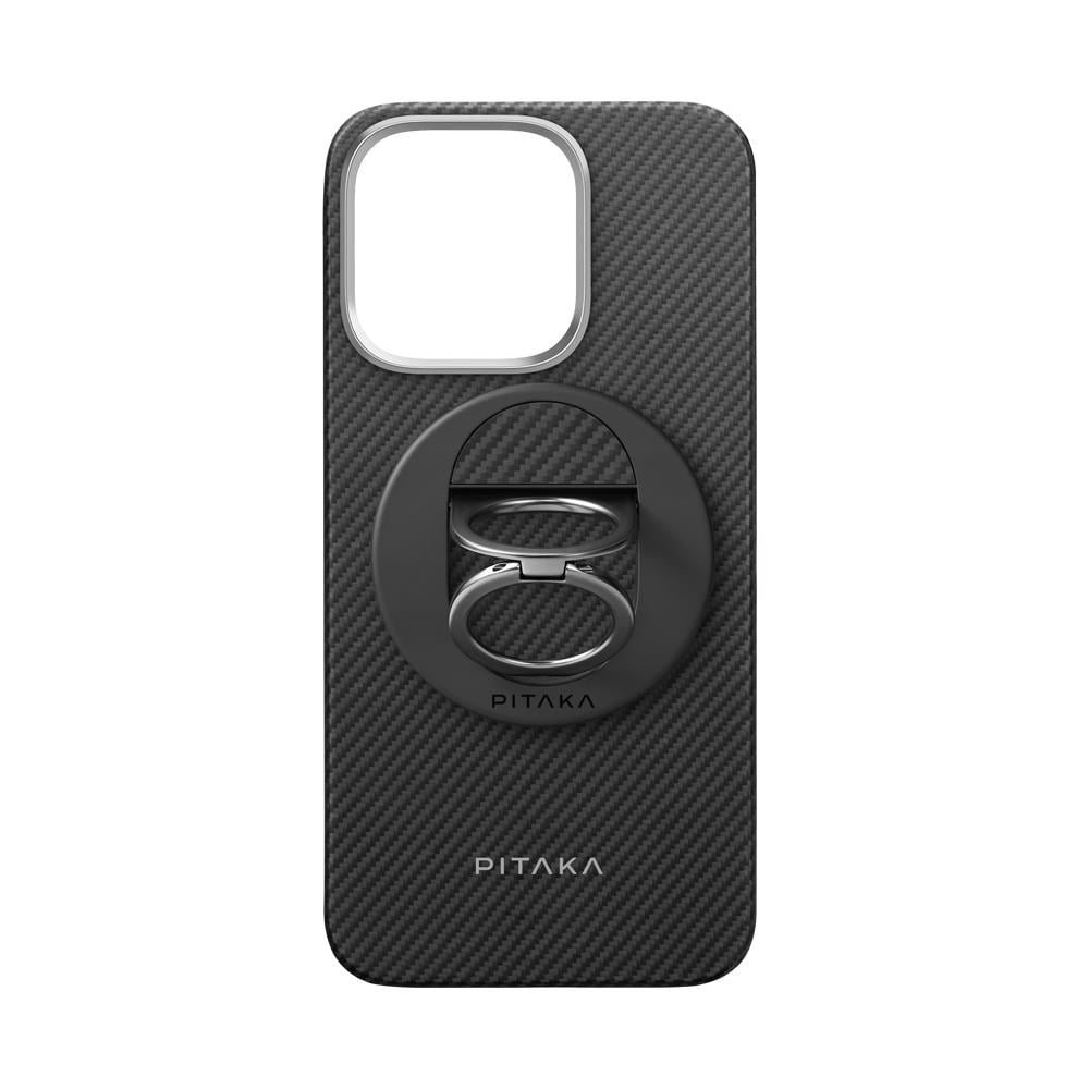 Apple iPhone 16 Pro Kılıf Magsafe Şarj Özellikli Grip 3 Standlı 600D Aramid Fiber Pitaka Ultra-Slim Classic Serisi Black-Grey Twill Kapak