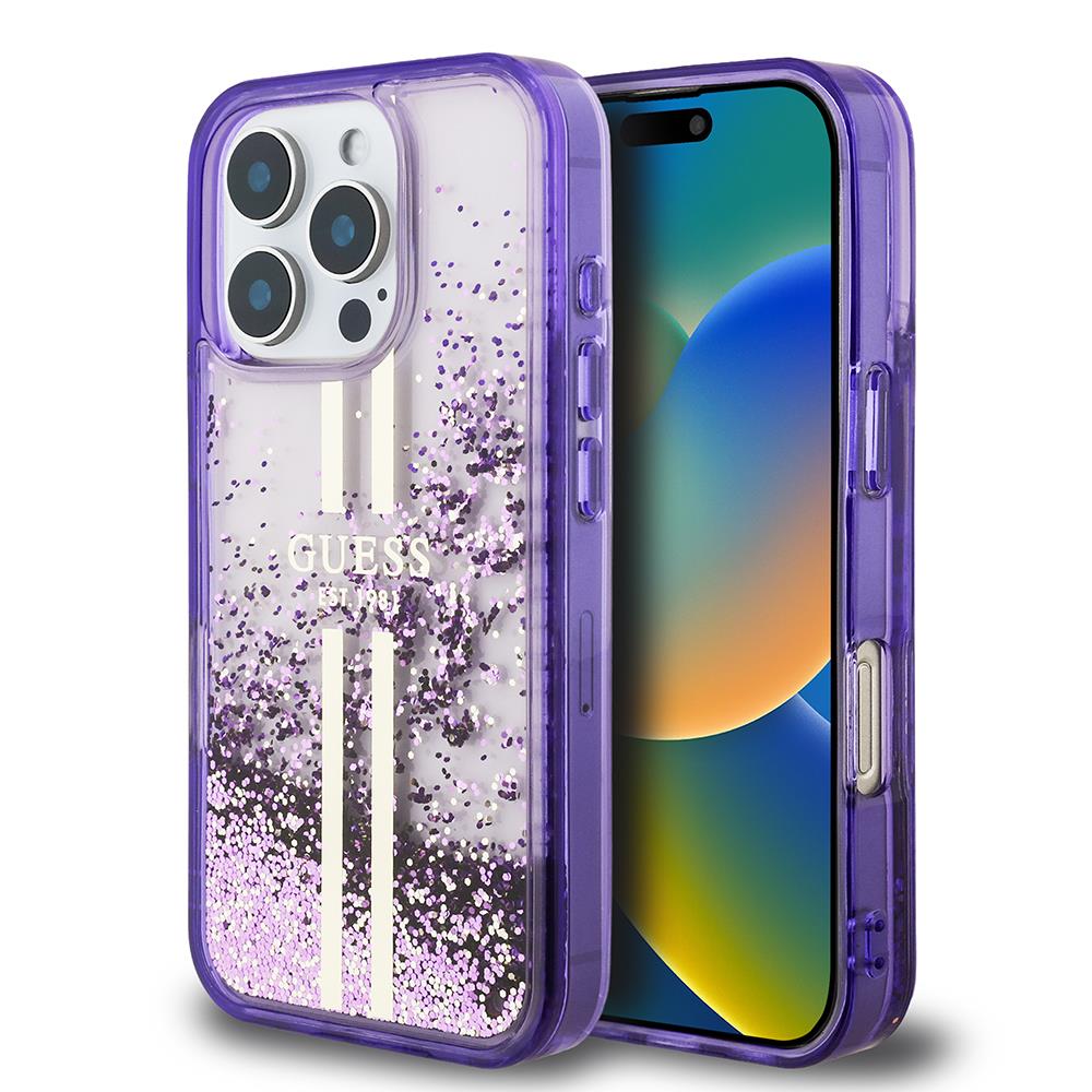 Apple iPhone 16 Pro Max Kılıf Guess Orjinal Lisanslı Transparan Sıvılı Simli Altın Çizgili Kapak