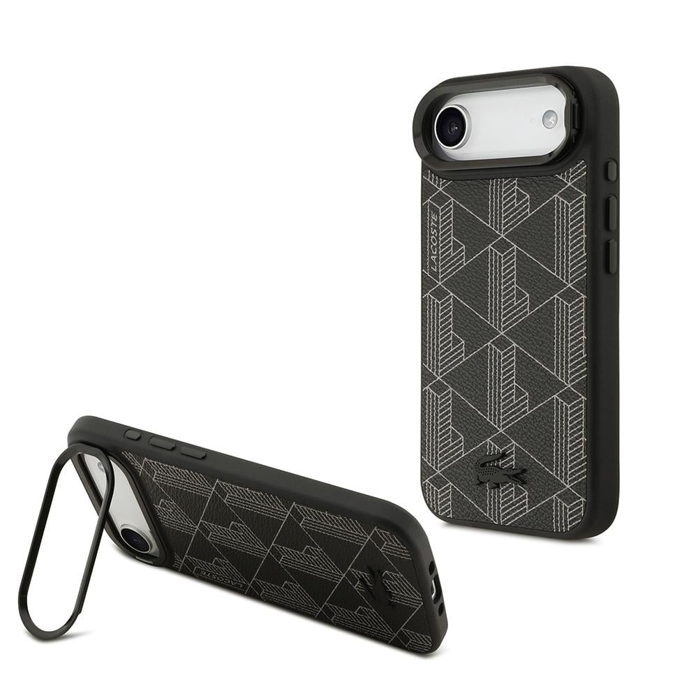 Apple iPhone 17 Air Kılıf Lacoste Orjinal Lisanslı M-safe Şarj Özellikli Standlı PU Deri Karışık Monogram Desenli Kapak
