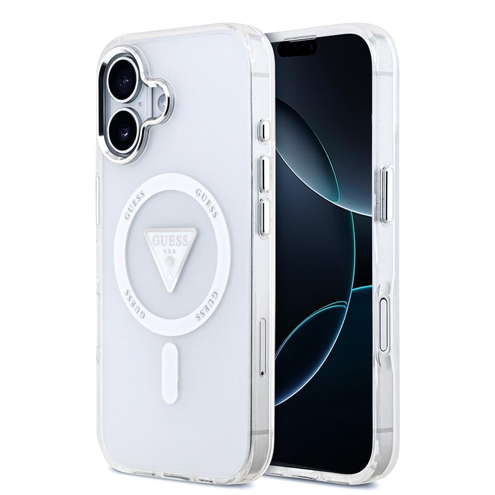 Apple iPhone 17 Kılıf Guess Orjinal Lisanslı M-safe Şarj Özellikli IML Baskılı Üçgen Logolu Metal Kamera Çerçeveli Kapak