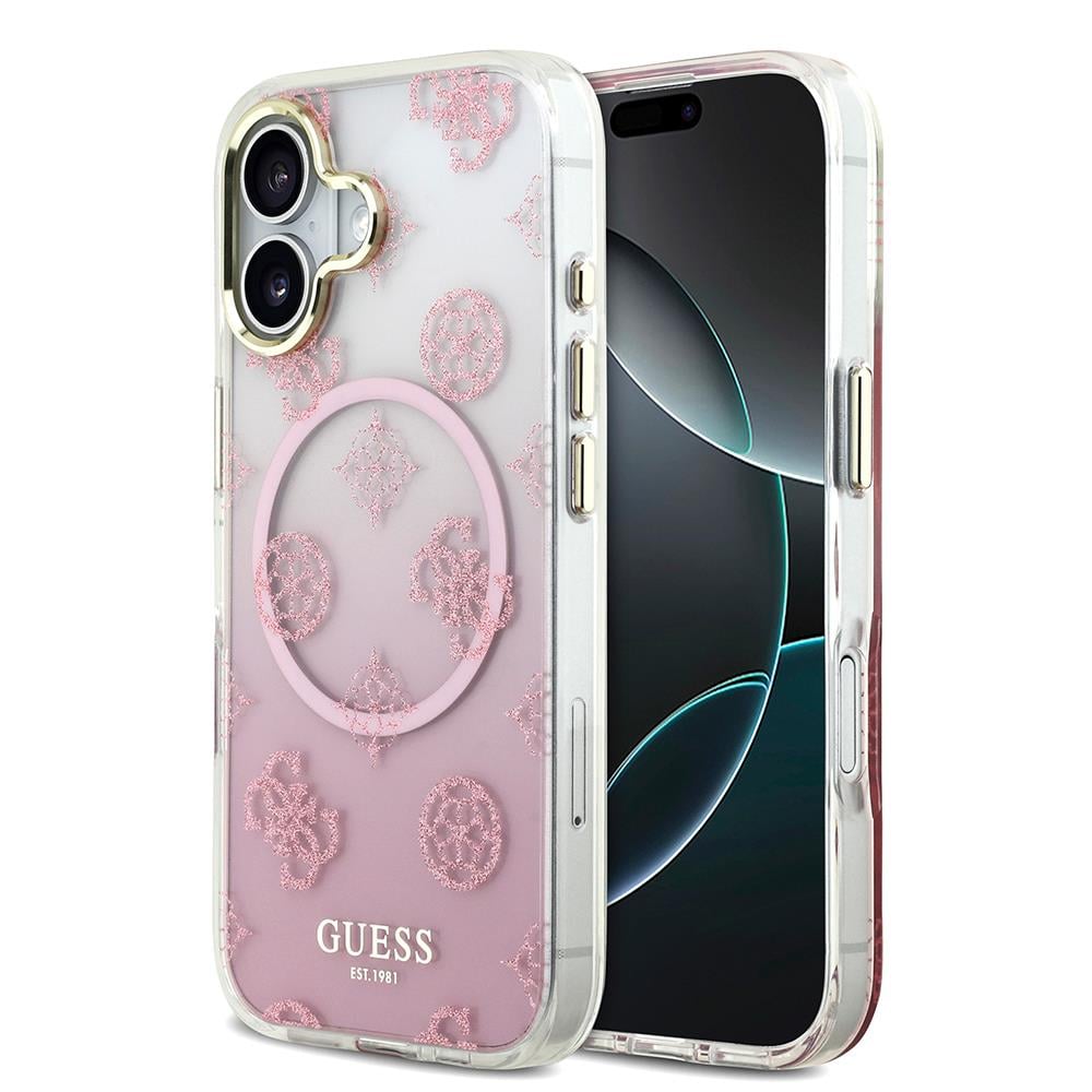 Apple iPhone 17 Kılıf Guess Orjinal Lisanslı M-safe Şarj Özellikli Simli Peony Desenli Silikon Kapak