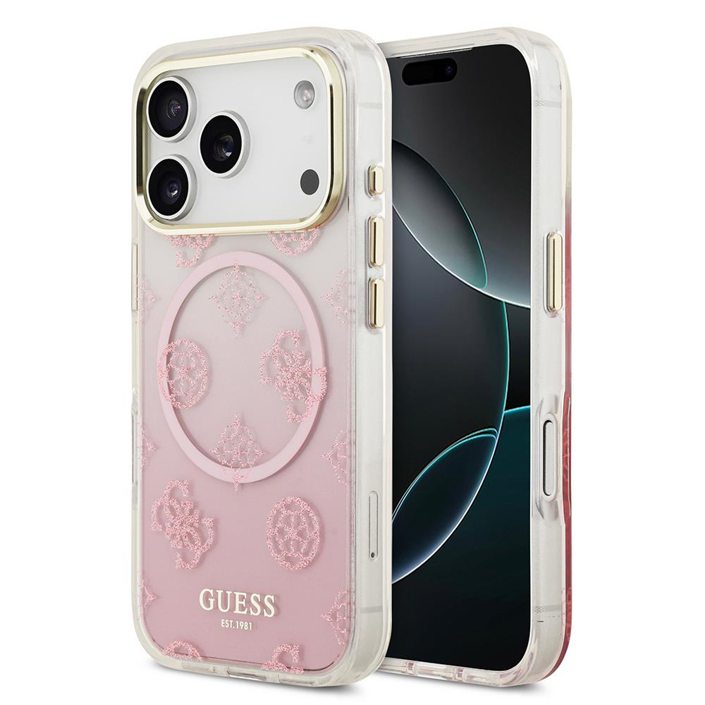 Apple iPhone 17 Pro Kılıf Guess Orjinal Lisanslı M-safe Şarj Özellikli Simli Peony Desenli Silikon Kapak