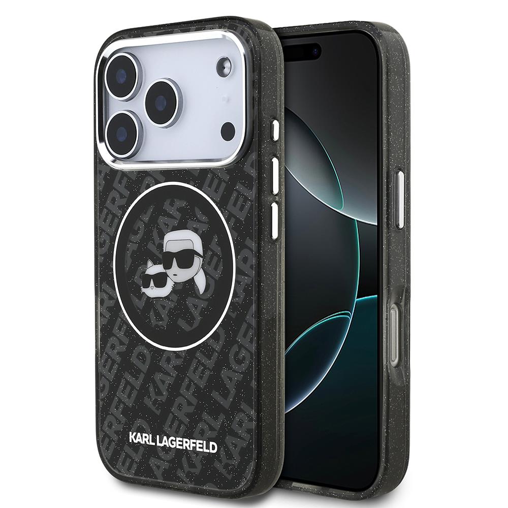Apple iPhone 17 Pro Kılıf Karl Lagerfeld Orjinal Lisanslı Parlayan Simli Karl & Choupette Heads Kapak