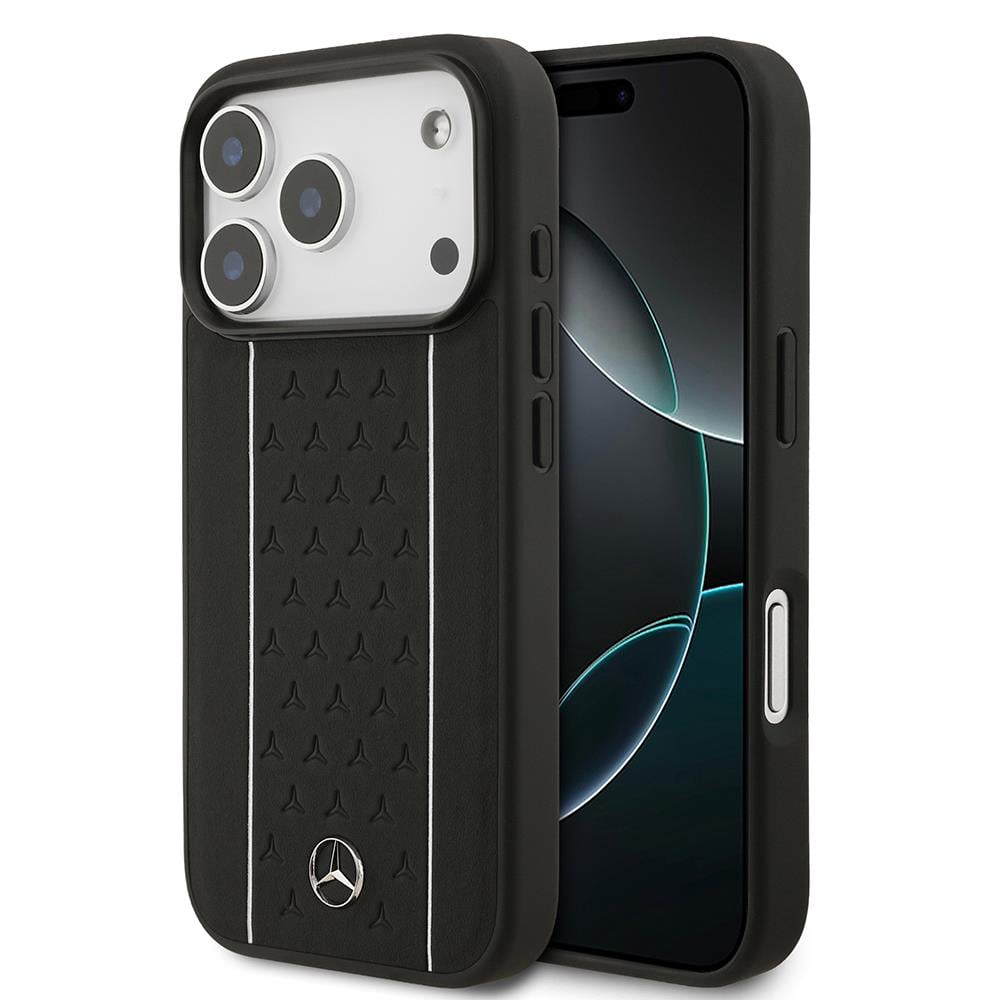 Apple iPhone 17 Pro Kılıf Mercedes Benz Orjinal Lisanslı M-safe Şarj Özellikli Şeritli Yıldız Desenli Metal Logolu Deri Kapak