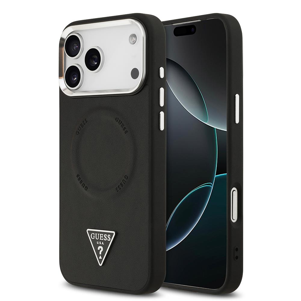 Apple iPhone 17 Pro Max Kılıf Guess Orjinal Lisanslı M-safe Şarj Özellikli PU Deri Metal Kamera Çerçeveli Üçgen Logolu Kapak