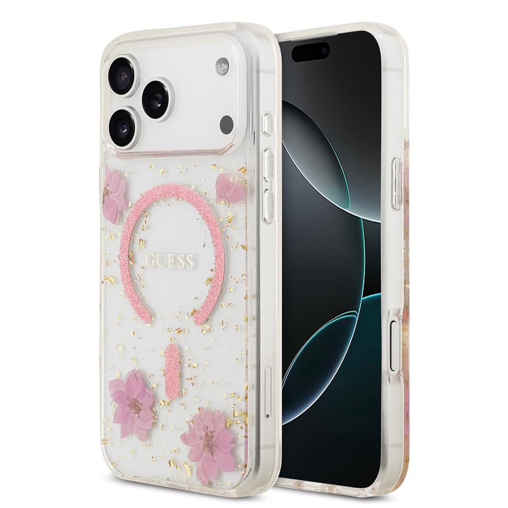 Apple iPhone 17 Pro Max Kılıf Guess Orjinal Lisanslı M-safe Şarj Özellikli Transparan Resin Flowers Kapak