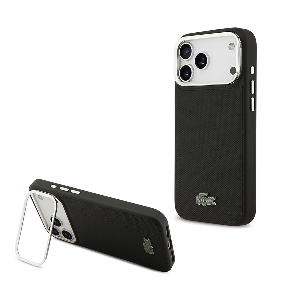 Apple iPhone 17 Pro Max Kılıf Lacoste Orjinal Lisanslı M-safe Şarj Özellikli PU Pike Desenli Standlı Metal Logolu Kapak
