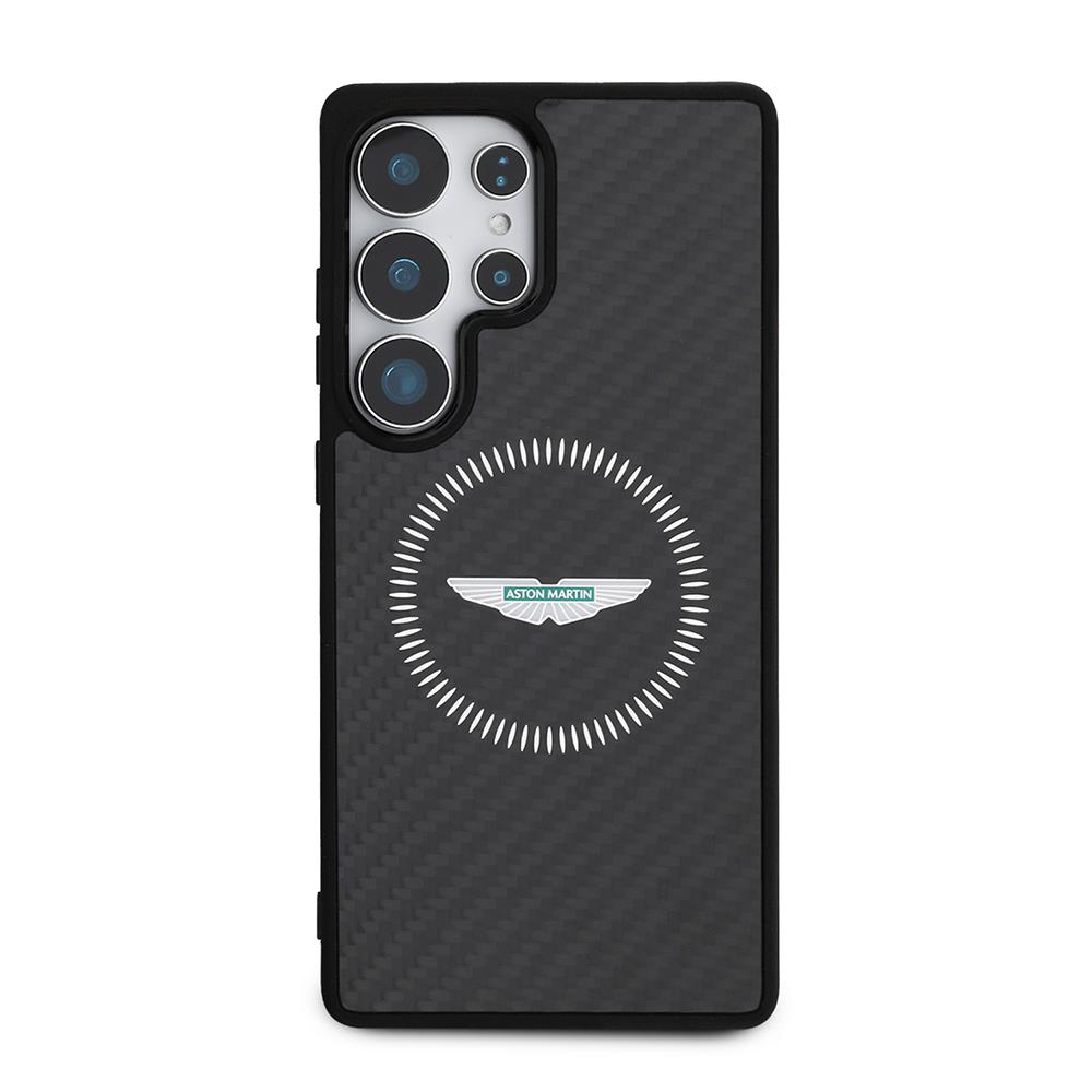 Galaxy S25 Ultra Kılıf Aston Martin Orjinal Lisanslı Magsafe Şarj Özellikli Radyal Halka ve Karbon Fiber Tasarımlı Kapak