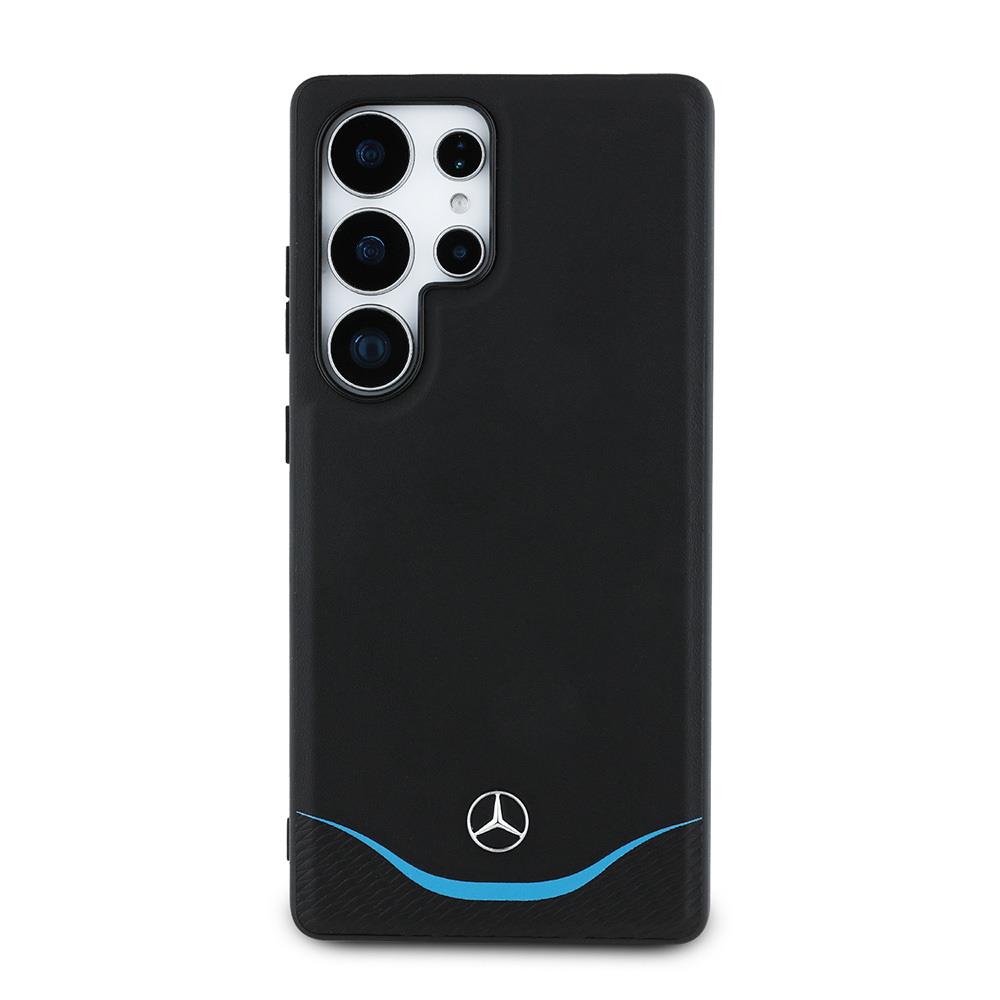 Galaxy S25 Ultra Kılıf Mercedes Benz Orjinal Lisanslı Magsafe Şarj Özellikli 3D Metal Logolu Mavi Yatay Eğri Çizgili Deri Kapak