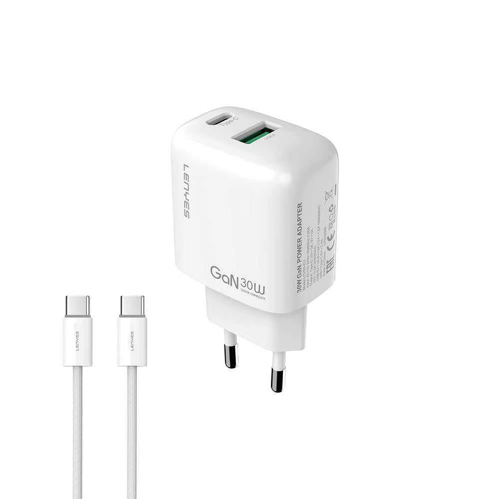 Lenyes LCH93-TC-TC Type-C to Type-C GaN Teknolojili PD ve USB Hızlı Şarj Özellikli Şarj Seti 30W