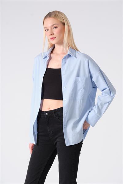 %100 Pamuk Poplin Oversize Kadın Gömlek Mavi