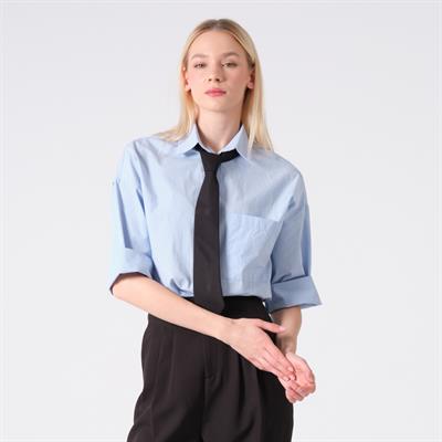 %100 Pamuk Truvakar Kol Oversize Kadın Gömlek Mavi