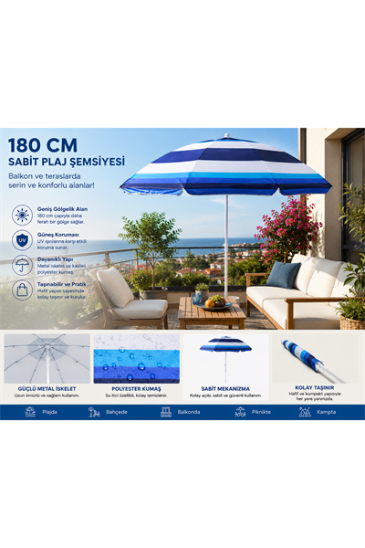 180 cm Sabit Plaj Şemsiyesi Mavi – Balkon, Bahçe, Kamp ve Piknik İçin Güneş Şemsiyesi