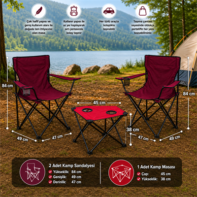 trendinyeri Bordo Sandalyeli Kamp Seti – 2 Sandalye ve Kırmızı Masa