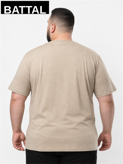 Bej Erkek Büyük Beden Pamuklu Likralı Bisiklet Yaka T-Shirt