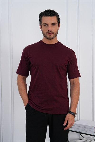 Bisiklet Yaka Bordo Regular Fit %100 Pamuklu Erkek Tişört 