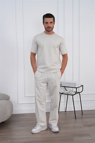 Erkek Yazlık Bej Eşofman Takımı Oversize Tişört Lastikli Bağcıklı Baggy Pantolon