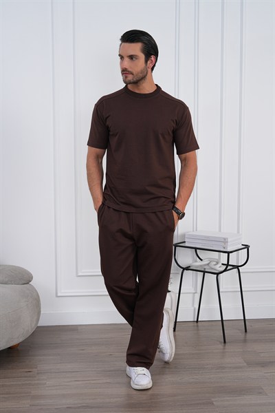 Erkek Yazlık Kahverengi Eşofman Takımı Oversize Tişört Lastikli Bağcıklı Baggy Pantolon
