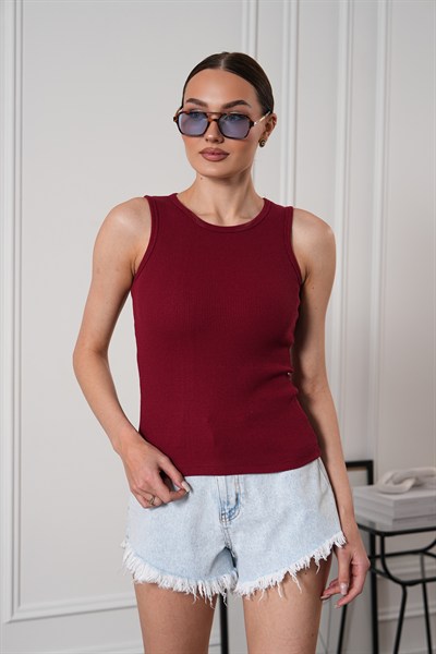 Kadın Fitilli Görünümlü Bisiklet Yaka Basic  Bluz Atlet Bordo