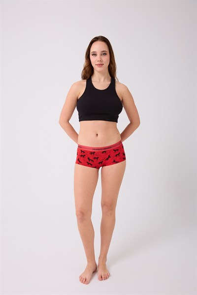 Pamuklu Likralı Baskılı  Boyshort 3'lü Set Kadın Külot Desenli Kırmızı