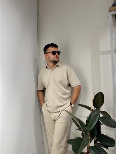 BEJ LİKRALI POLO YAKA TİŞÖRT PANTOLON TAKIM 
