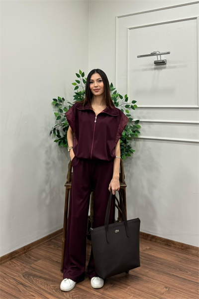 Kadın Fermuarlı Kısa Kollu Ceket ve Geniş Paça Pantolon Takımı