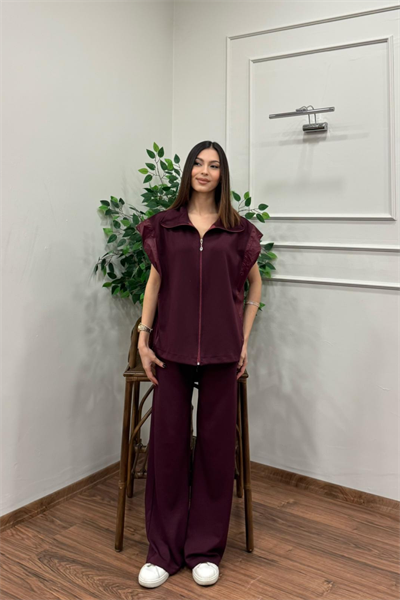  Kadın Fermuarlı Kısa Kollu Ceket ve Geniş Paça Pantolon Takımı