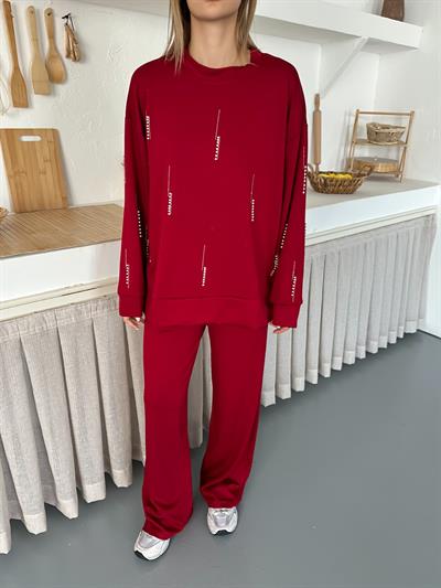 Cansın Mini Beyaz Kız Çocuk Desenli Modal Kumaş Geniş Paça Eşofman Takımı Bordo