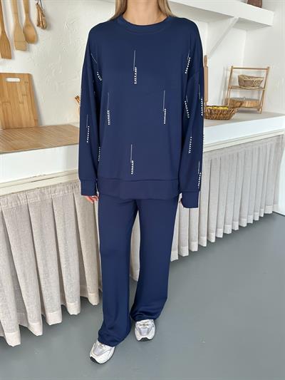 Cansın Mini Beyaz Kız Çocuk Desenli Modal Kumaş Geniş Paça Eşofman Takımı Lacivert