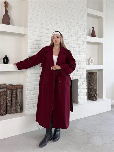Düğme Detaylı Oversize Kaşe Trençkot Bordo