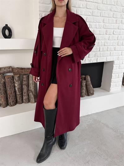 Düğme Detaylı Oversize Kaşe Trençkot Bordo
