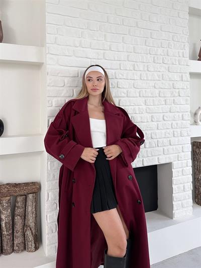 Düğme Detaylı Oversize Kaşe Trençkot Bordo