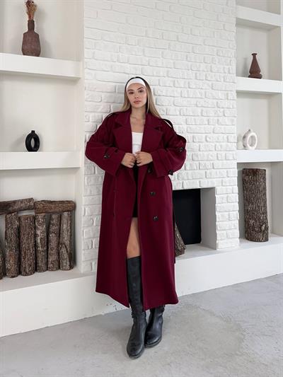 Düğme Detaylı Oversize Kaşe Trençkot Bordo
