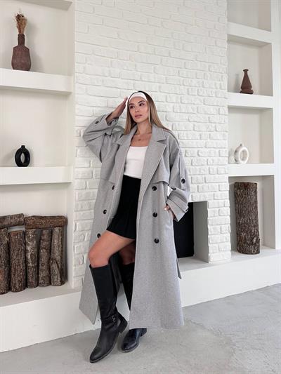 Düğme Detaylı Oversize Kaşe Trençkot Gri