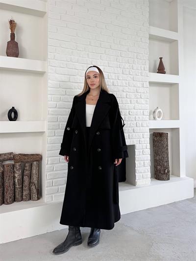 Düğme Detaylı Oversize Kaşe Trençkot Siyah