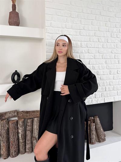 Düğme Detaylı Oversize Kaşe Trençkot Siyah