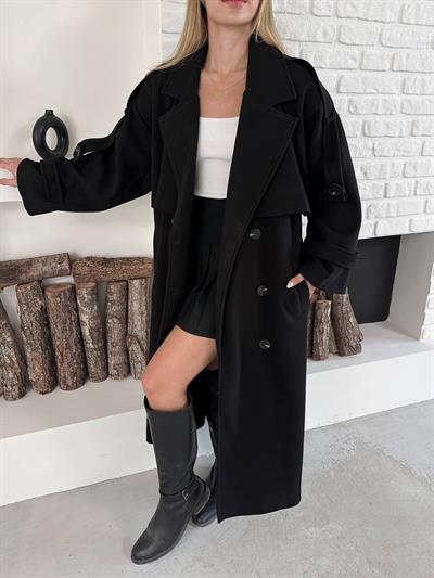 Düğme Detaylı Oversize Kaşe Trençkot Siyah