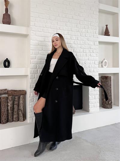 Düğme Detaylı Oversize Kaşe Trençkot Siyah