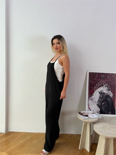 Kadın Siyah İp Askılı Bol Paça Tulum