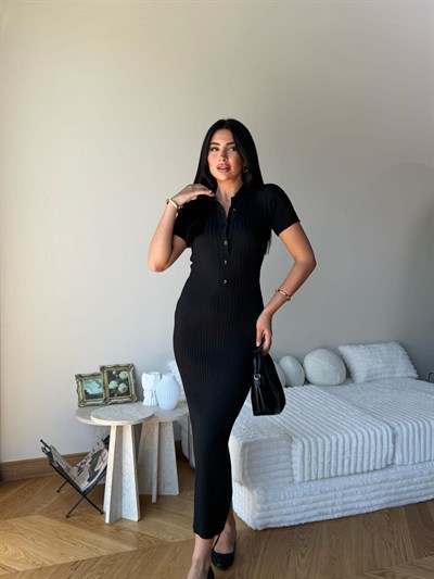 Kadın Siyah Polo Yaka Düğmeli Kaşkorse Elbise