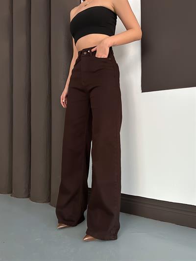 Kahve Palazzo Straight Baggy Kot Kadın Pantolon
