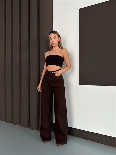 Kahve Palazzo Straight Baggy Kot Kadın Pantolon