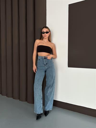 Linda 90s Orta Kar Yıkama Mavi Likralı Süper Extra Yüksek Bel Palazzo Salaş Jean Pantolon