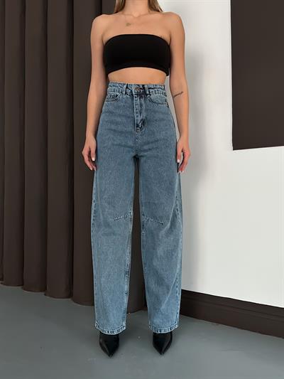 Linda 90s Orta Kar Yıkama Mavi Likralı Süper Extra Yüksek Bel Palazzo Salaş Jean Pantolon