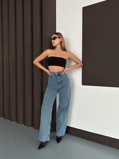 Linda 90s Orta Kar Yıkama Mavi Likralı Süper Extra Yüksek Bel Palazzo Salaş Jean Pantolon