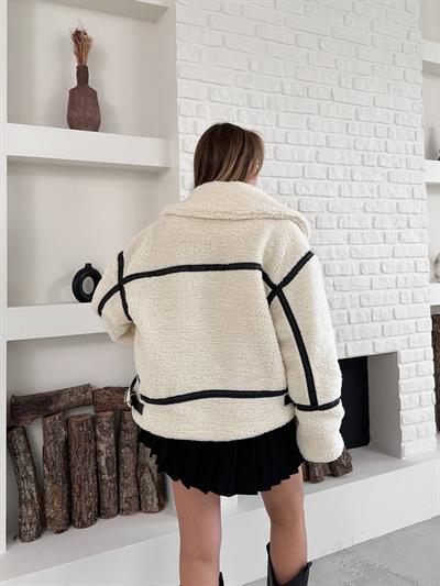 Peluş Detaylı Denim Ceket Bej