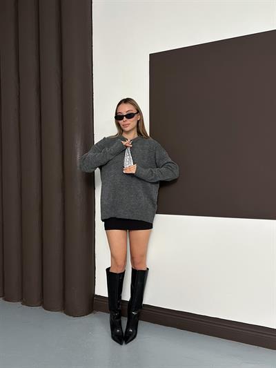 Polo Yaka Fularlı Oversize Triko Kazak Antrasit