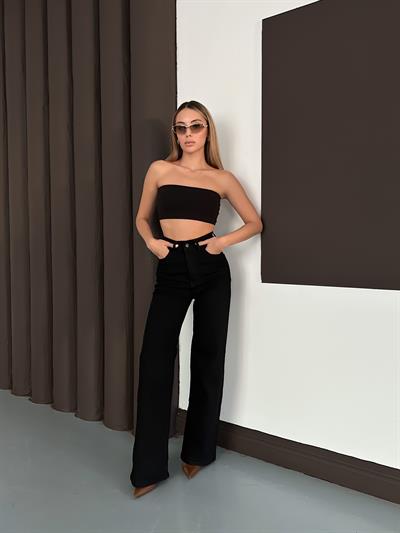 Siyah Palazzo Straight Baggy Kot Kadın Pantolon